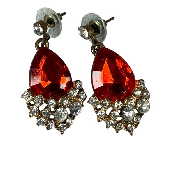 Vintage Gold-Tone Drop Pierced Earrings Red Teardrop Faux Gemstone Rhinestones - Picture 1 of 16